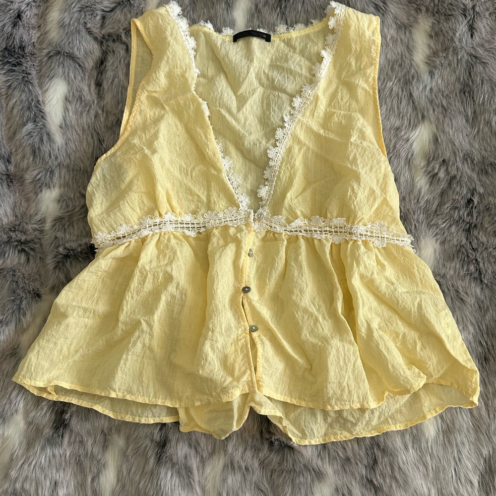 Zara Yellow white spring summer top sz LARGE L - Picture 3 of 6